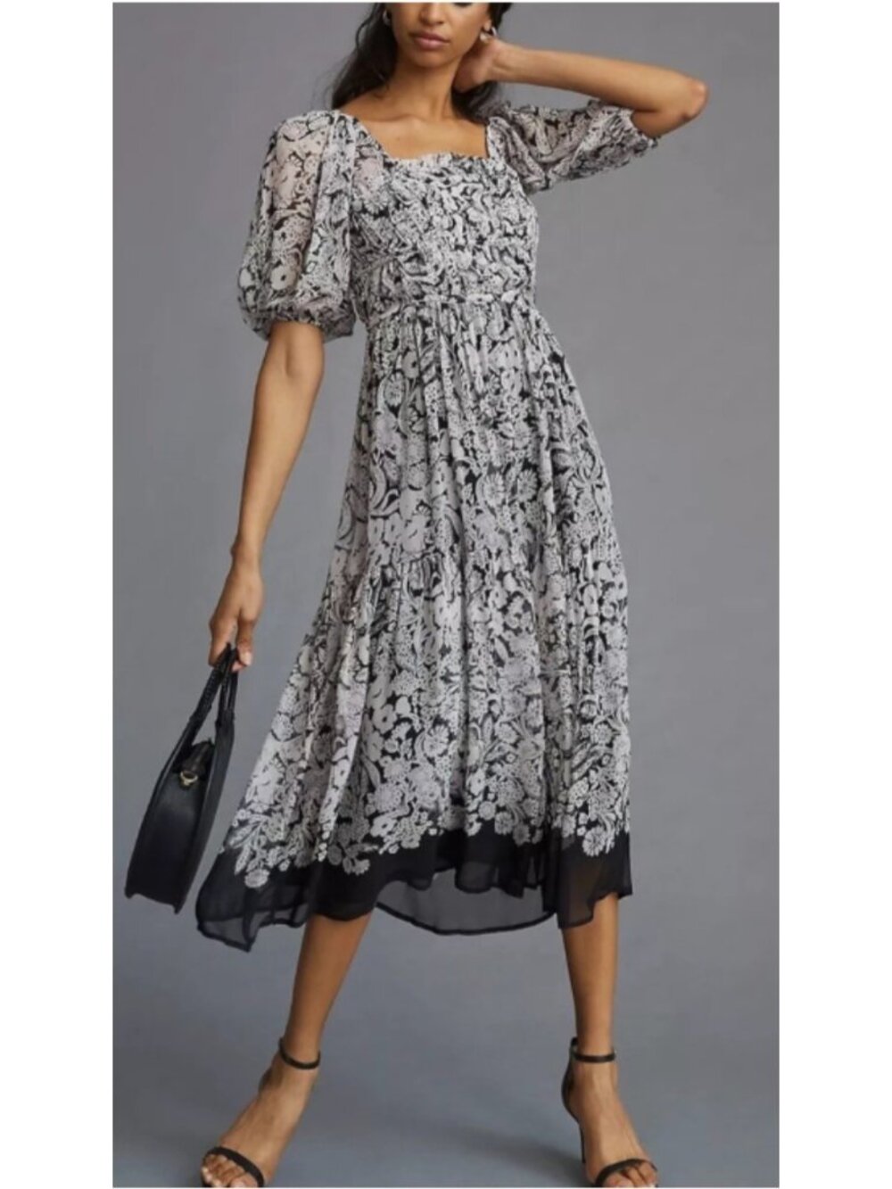 Anthropologie Puff Sleeve Smocked Floral Midi Dress Black Lavender M EUC